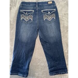 Earl Jean Capri Jeans Women's 8P Embellished Embroidered Flap Pockets Whiskered